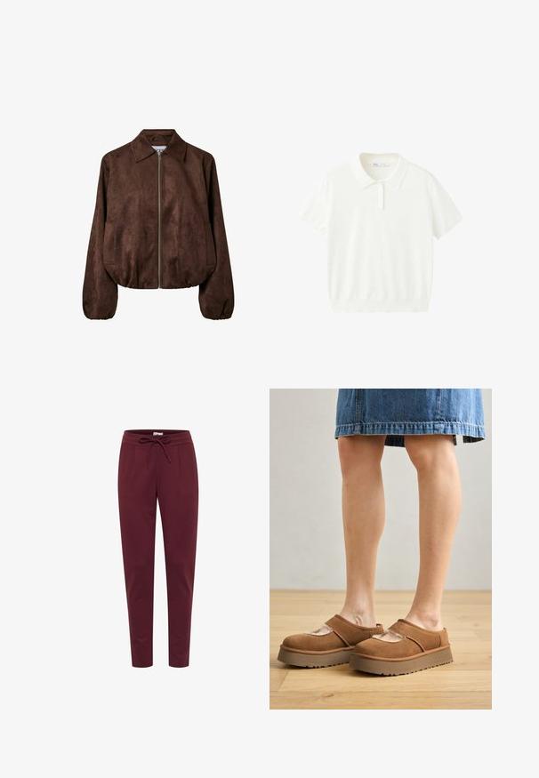Veste en daim marron avec fermeture éclair devant, large col, manches longues, poignets élastiqués et poches latérales.; Polo blanc à manches courtes avec col et trois boutons sur le devant, design simple, en tissu doux.; Pantalon bordeaux en tissu doux et extensible, avec une taille élastique à cordon de serrage, des plis à l'avant et des jambes fuselées. Texture lisse sur l'ensemble.; Chaussures à plataforma en suède marron avec un bout arrondi, des découpes, et une semelle robuste, accompagnées d'une jupe en denim dans un cadre au sol en bois.