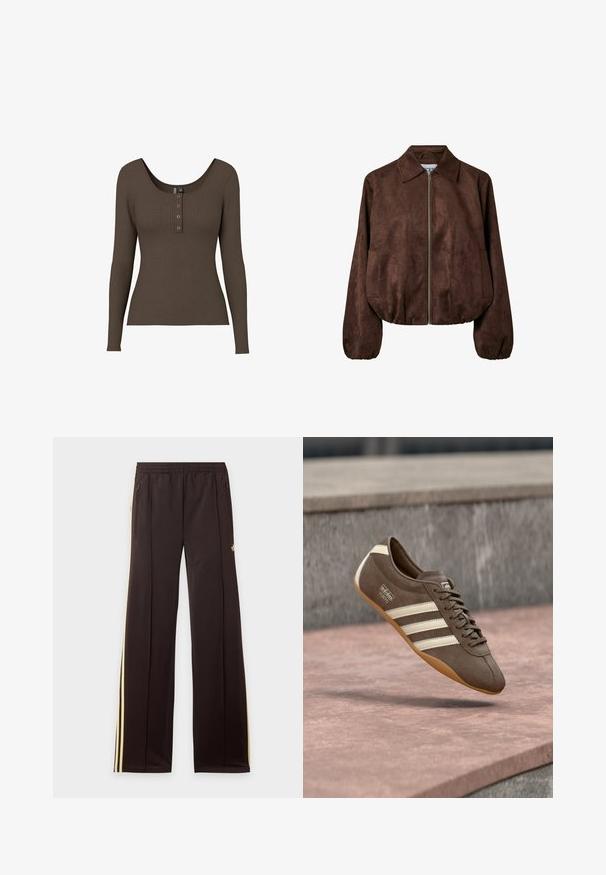 Chaqueta de ante marrón con cremallera frontal, cuello ancho, mangas largas, puños elásticos y bolsillos laterales.; Top de manga larga de canalé en marrón oscuro, con un escote redondeado y tapeta de tres botones en el frente. Tejido suave y elástico.; Pantalones de chándal negros con rayas amarillas laterales, cintura elástica, bolsillos laterales con cremallera y un pequeño logo en el muslo superior.; Zapatilla de ante marrón con rayas blancas y marca, con puntera redonda y suela de goma color caramelo, suspendida sobre una superficie texturizada.