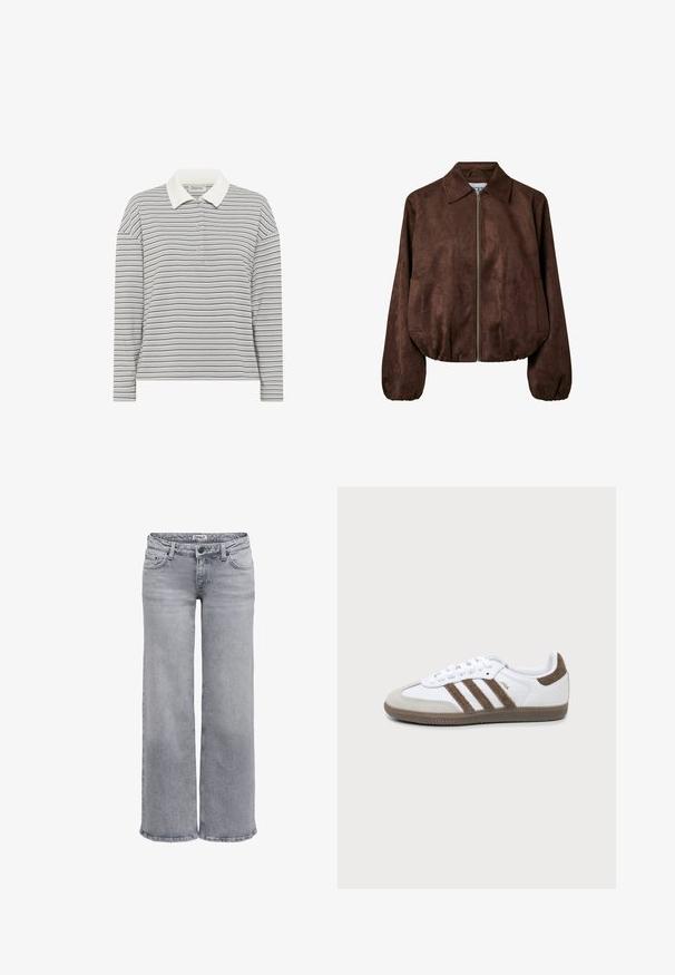 Bruine suède jas met een ritssluiting aan de voorkant, brede kraag, lange mouwen, elastische manchetten en zijzakken.; My Essential Wardrobe MWKLARA - Poloshirt - peal blue striped; Lichtgrijze jeans met wijde pijpen gemaakt van denim. Voorzien van een standaard tailleband met lussen voor een riem, vijf zakken en subtiele vervaagde details.; Witte en bruine Adidas Samba sneaker met drie bruine strepen, veters en een textuurs van boven- tot zool, getoond vanaf de zijkant op een effen achtergrond.