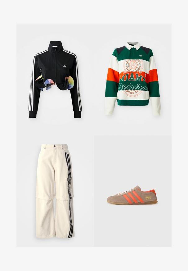 Sort zip-up jakke med høj krave, hvide sidelister og farverige volanger ved kanten. Lavet af glat, strækbart stof.; Grøn, hvid og orange stribet sweatshirt med krave. Har et University of Miami-logo og tekst samt et Adidas trefoil-emblem.; Beige brede bukser lavet af bomuld, prydet med en sort tre-stribedesign ned ad siden og et Adidas-logo-patch på låret.; Brune ruskinds sneakers med tre klare orange striber, snørebånd foran og gyldent "Gazelle" branding på siden. Flad gummi sål.