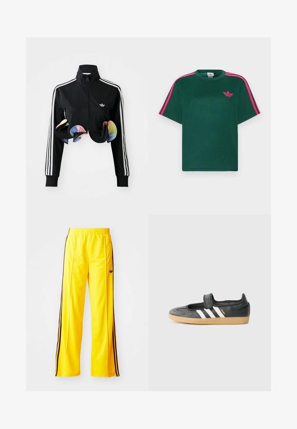 Zwarte zip-up jas met hoge kraag, witte zijstrepen en kleurrijke gerimpelde accenten aan de onderrand. Gemaakt van glad, rekbaar materiaal.; Groen T-shirt met korte mouwen, helderroze strepen op de schouders en het Adidas trefoil-logo op de borst.; Gele sportbroek met zwarte zijstrepen en een elastische tailleband. Gemaakt van glad materiaal dat licht van gewicht is. Bevat een logo op de dij.; Zwarte leren en suède sneaker met een klittenbandsluiting, voorzien van drie witte strepen en een gumzool, met de naam "SAMBA" aan de zijkant.
