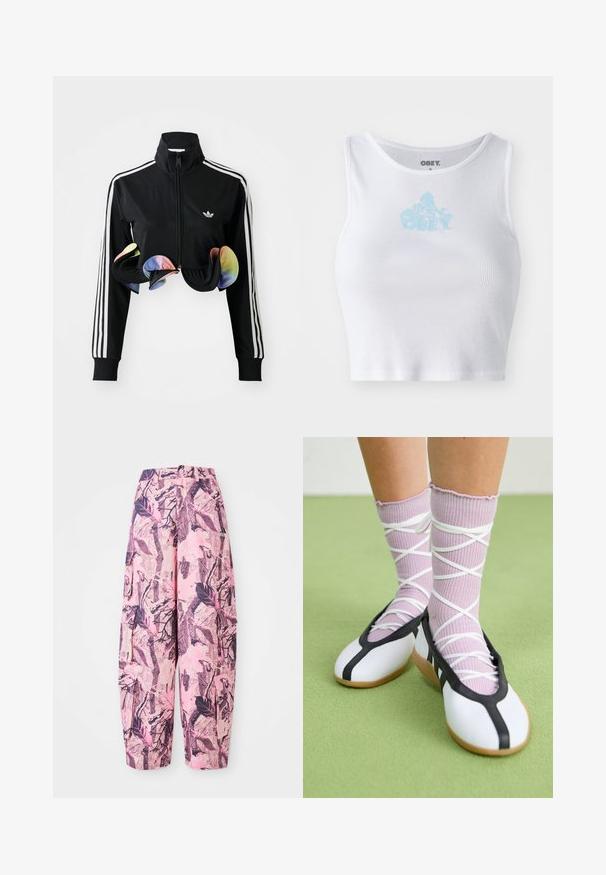 Čierna zipsová bunda s vysokým golierom, bielymi bočnými pruhmi a farebnými volánikmi na leme. Vyrobená z hladkej, elastickej látky.; Biely rebrovaný crop top s okrúhlym výstrihom a svetlomodrým logom "OBEY" umiestneným na hrudi. Hladká textúra a priliehavý strih.; Ružové a fialové široké nohavice s vzorom obsahujúce dizajn listov a vetvičiek, s vysokým pásom a bočnými vreckami pre väčšiu funkčnosť.; Nohy v rebrovaných levanduľových ponožkách s bielymi krížovými pásmi v kombinácii s bielymi baletnými papučkami s čiernym lemom na zelenej podlahe.