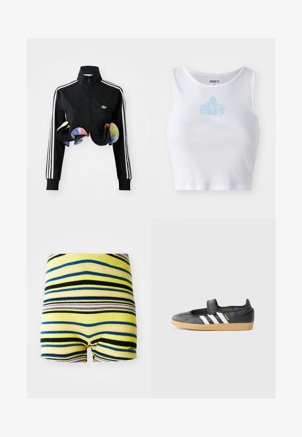 Zwarte zip-up jas met hoge kraag, witte zijstrepen en kleurrijke gerimpelde accenten aan de onderrand. Gemaakt van glad, rekbaar materiaal.; Witte geribbelde crop top met een ronde halslijn en een lichtblauwe "OBEY" logo in het midden van de borst. Soepele textuur en aansluitend ontwerp.; Gestreepte shorts met gele, blauwe, zwarte en roze horizontale lijnen. Zacht materiaal met een elastische tailleband en afgeknipte broekspijpen.; Zwarte leren en suède sneaker met een klittenbandsluiting, voorzien van drie witte strepen en een gumzool, met de naam "SAMBA" aan de zijkant.