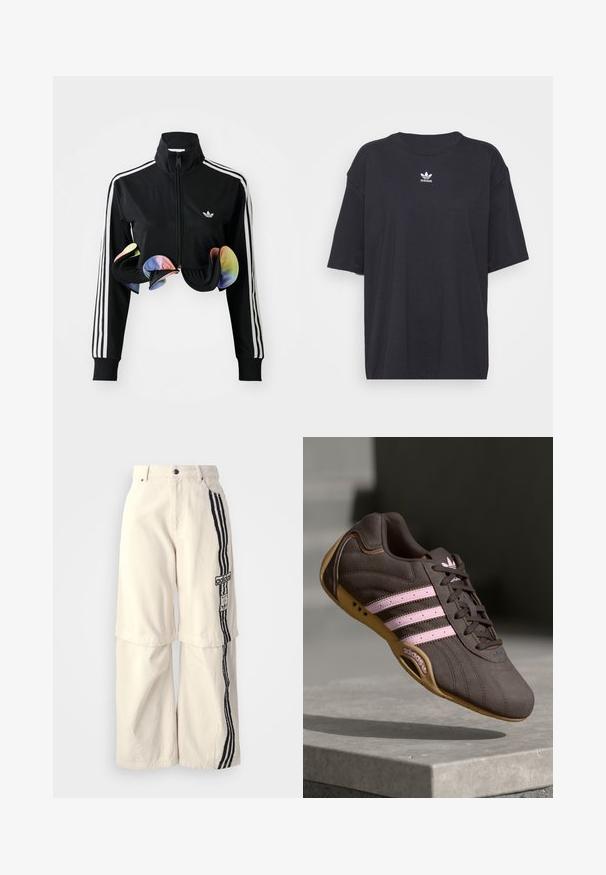 Sort zip-up jakke med høj krave, hvide sidelister og farverige volanger ved kanten. Lavet af glat, strækbart stof.; Sort bomulds t-shirt med korte ærmer, rund halsudskæring, med et hvidt Adidas-logo på brystet. Enkel design, afslappet pasform.; Beige brede bukser lavet af bomuld, prydet med en sort tre-stribedesign ned ad siden og et Adidas-logo-patch på låret.; Brune ruskind atletik sko med pink striber og logo, med en tekstureret overdel, snørebåndslukning og en gummirubbersål.
