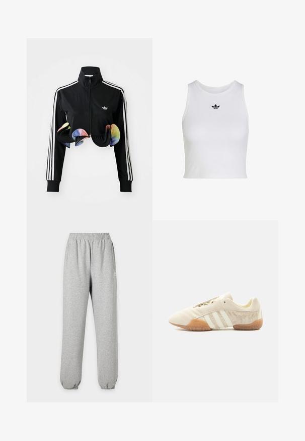 Zwarte zip-up jas met hoge kraag, witte zijstrepen en kleurrijke gerimpelde accenten aan de onderrand. Gemaakt van glad, rekbaar materiaal.; Witte mouwloze crop top met ronde hals en klein zwart Adidas trefoil-logo, gecentreerd onder de kraag.; Lichtgrijze joggingbroek met elastische tailleband en boorden, zijzakken en een klein wit logo op het bovenbeen.; Lage beige sneaker met drie witte strepen, gestructureerde suède zijpanelen, rubberen zool en vetersluiting op een effen achtergrond.