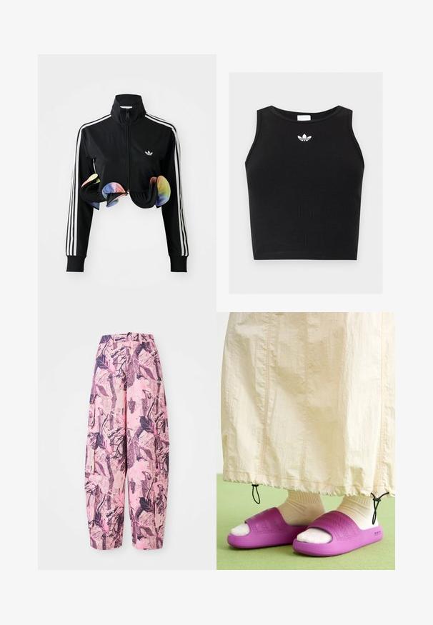 Sort zip-up jakke med høj krave, hvide sidelister og farverige volanger ved kanten. Lavet af glat, strækbart stof.; Sort ribbet ærmeløs crop top med rund halsudskæring og lille hvid Adidas trefoil-logo centreret nær kraven.; Lyserøde og lilla mønstrede vide bukser har et blad- og grenmønster, med høj talje og sidelommer for ekstra funktionalitet.; Lilla gummisandaler med et tekstureret bånddesign, båret over cremefarvede sokker, parret med en lys beige nederdel. Grønne gulv.