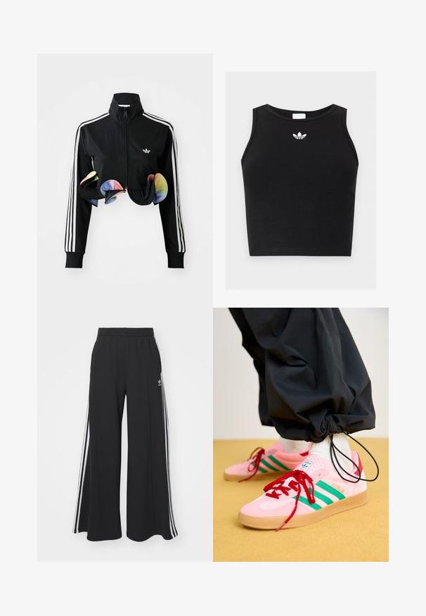 Sort zip-up jakke med høj krave, hvide sidelister og farverige volanger ved kanten. Lavet af glat, strækbart stof.; Sort ribbet ærmeløs crop top med rund halsudskæring og lille hvid Adidas trefoil-logo centreret nær kraven.; Sorte bukser med vide ben og elastik i taljen, med tre hvide striber langs ydersiderne og et lille logo foran.; Lyserøde ruskindssneakers med grønne striber, røde snørebånd og en gummisål. Parret med sorte bukser, der er samlet ved anklerne.