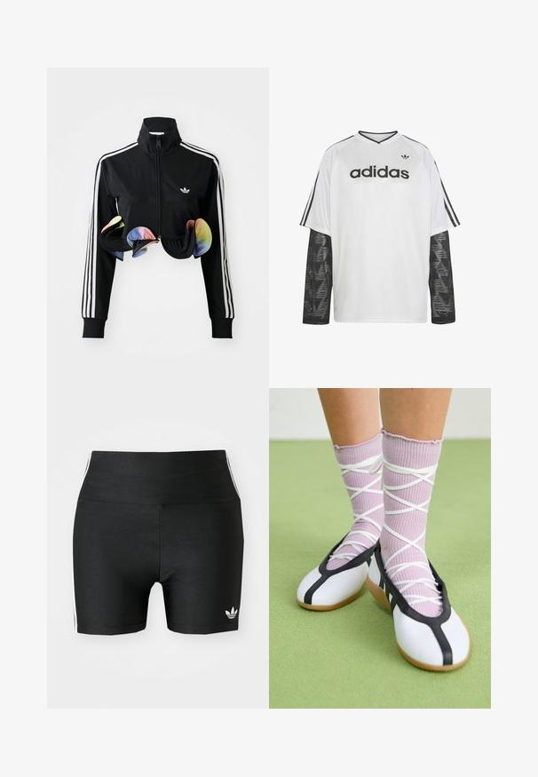 Zwarte zip-up jas met hoge kraag, witte zijstrepen en kleurrijke gerimpelde accenten aan de onderrand. Gemaakt van glad, rekbaar materiaal.; Witte Adidas longsleeve met zwarte mesh mouwen, zwart Adidas-logo en tekst op de borst, en drie zwarte strepen op de mouwen van de schouders.; Zwarte atletische shorts van rekbaar materiaal met een hoge taille. Bevatte witte zijstrepen en een klein wit logo aan de zoom.; Benen met geribbelde lavendelkleurige sokken met witte kruisbanden, gecombineerd met witte ballerina's met zwarte bies op een groene vloer.