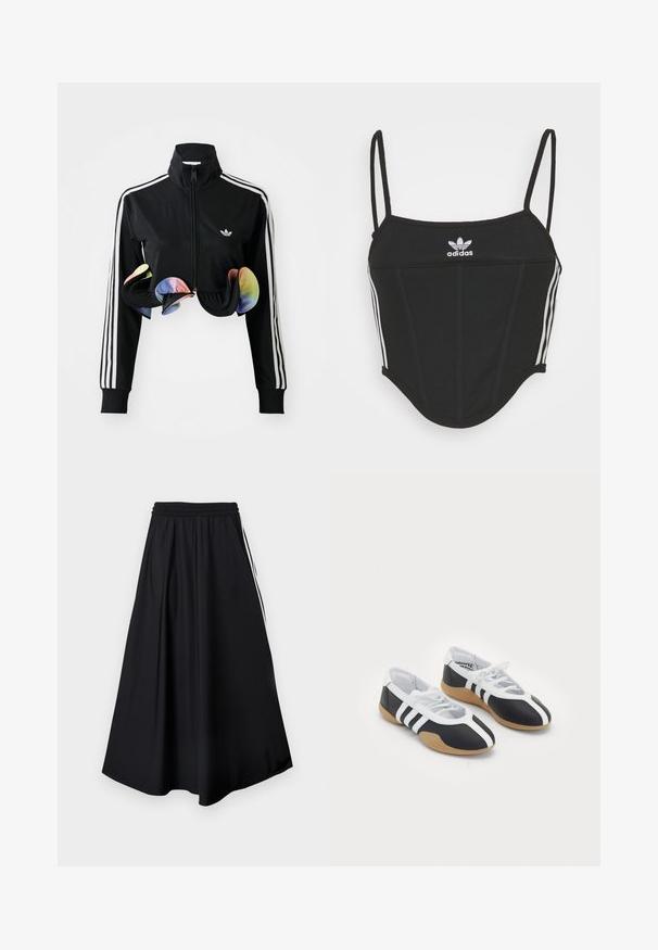 Sort zip-up jakke med høj krave, hvide sidelister og farverige volanger ved kanten. Lavet af glat, strækbart stof.; Sort ribbet crop top med justerbare tynde stropper, der har tre hvide striber på siderne og et lille hvidt Adidas-logo i midten.; Sorte bukser med vidde i benene, elastisk talje og hvide sidestriber, vist mod en simpel hvid baggrund.; Sort-hvide sportsko med et slankt design, gummisål, snørebåndslukning og tre hvide striber på siden.