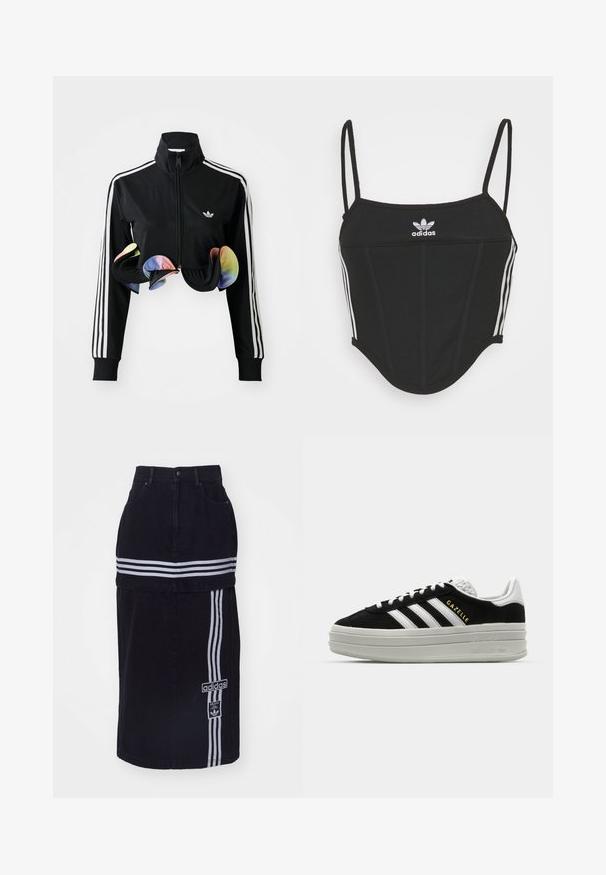 Zwarte zip-up jas met hoge kraag, witte zijstrepen en kleurrijke gerimpelde accenten aan de onderrand. Gemaakt van glad, rekbaar materiaal.; Zwarte geribbelde crop top met verstelbare dunne bandjes, voorzien van drie witte strepen aan de zijkanten en een klein wit Adidas-logo in het midden.; Zwarte spijkerrok met een hoge taille, voorzien van twee witte horizontale strepen, een Adidas logo tag aan de zijkant en een recht gesneden ontwerp.; Zwarte suède sneaker met witte leren accenten, drie witte strepen, platte veters en een dikke grijze platformzool. Gouden "Gazelle" branding.