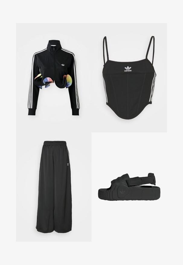 Chaqueta negra con cremallera y cuello alto, franjas laterales blancas y acentos coloridos con volantes en el dobladillo. Fabricada con una tela suave y elástica.; Top corto negro con canalé y tirantes finos ajustables, que presenta tres rayas blancas a los lados y un pequeño logo de Adidas blanco en el centro.; Pantalones de chándal negros de corte holgado, fabricados en un tejido suave. Cuentan con una cintura elástica y rayas laterales con acentos de logo.; Sandalias negras hechas de goma texturizada con una tira ancha y cierre de velcro ajustable. Presenta una suela con patrón y un detalle de logo de la marca.