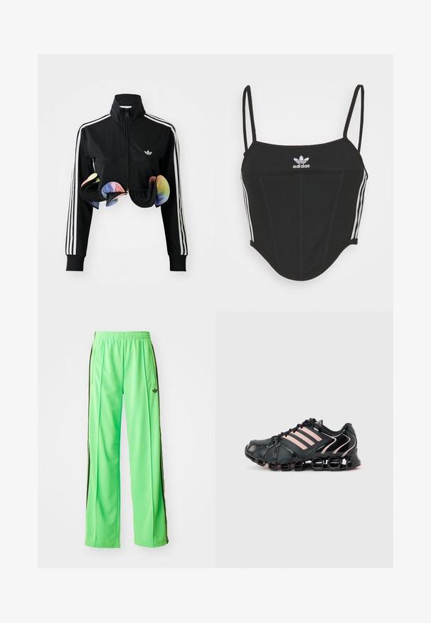 Sort zip-up jakke med høj krave, hvide sidelister og farverige volanger ved kanten. Lavet af glat, strækbart stof.; Sort ribbet crop top med justerbare tynde stropper, der har tre hvide striber på siderne og et lille hvidt Adidas-logo i midten.; Grønne atletiske bukser lavet af glat, let materiale, med sorte sidestriber og et broderet logo på fronten.; Sort atletiksneaker med pink striber, segmenteret polstret sål og snørebånd på lys grå baggrund.