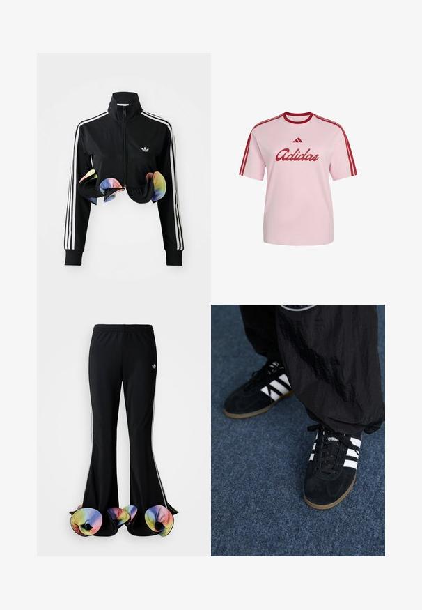 Schwarze Zip-Up-Jacke mit hohem Kragen, weißen Seitenstreifen und bunten Rüschendetails am Saum. Hergestellt aus glattem, dehnbaren Stoff.; Hellrosa Adidas T-Shirt mit rotem Kragen, drei roten Streifen auf den Ärmeln und rotem Adidas-Logo und Schriftzug vorne.; Schwarze Sporthosen mit weit ausgestelltem Design. Sie haben farbenfrohe, gerüschte untere Säume und weiße Seitenstreifen. Hergestellt aus dehnbarem Stoff.; Schwarze Wildleder-Sportschuhe mit drei weißen Streifen und schwarzen Schnürsenkeln. Eine strukturierte schwarze Hose ist teilweise neben den Schuhen sichtbar.