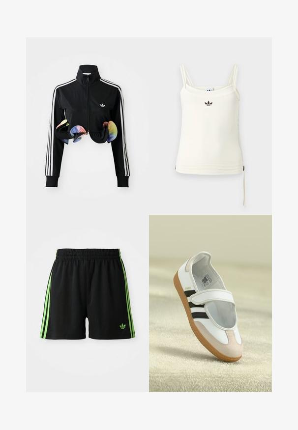 Schwarze Zip-Up-Jacke mit hohem Kragen, weißen Seitenstreifen und bunten Rüschendetails am Saum. Hergestellt aus glattem, dehnbaren Stoff.; Cremefarbenes Tanktop mit dünnen Trägern; Adidas-Logo in Schwarz auf der Brust. Glatter Stoff mit Kordelzug-Detail am Saum. Einfaches Design.; Schwarze Sportshorts mit einem Kordelzugbund, die auf jeder Seite drei vertikale grüne Streifen und das grüne Adidas-Logo aufweisen.; Weiße Schuhe mit einer pinken Wildleder-Zehe, schwarzen Streifen und einem Klettverschluss. Sie verfügen über eine tanfarbene Gummisohle und ein Logo an der Seite.