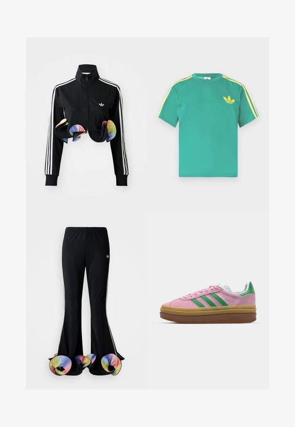 Zwarte zip-up jas met hoge kraag, witte zijstrepen en kleurrijke gerimpelde accenten aan de onderrand. Gemaakt van glad, rekbaar materiaal.; Groen katoenen T-shirt met korte mouwen, met gele strepen langs de schouders en een geborduurd logo van drie bladeren op de borst.; Zwarte sportbroek met een brede, uitlopende snit. Voorzien van kleurrijke, gerimpelde onderranden en witte zijstrepen. Gemaakt van rekbaar materiaal.; Roze suede sneakers met groene strepen, witte accenten en een bruine rubberen zool. Heeft een gestructureerde stof en logodetails aan de zijkant.