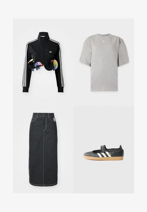 Schwarze Zip-Up-Jacke mit hohem Kragen, weißen Seitenstreifen und bunten Rüschendetails am Saum. Hergestellt aus glattem, dehnbaren Stoff.; Hellgraues Adidas T-Shirt mit kurzen Ärmeln, Rundhalsausschnitt und kleinem weißen Adidas-Logo auf der Brust, auf schlichtem Hintergrund dargestellt.; Schwarzer Denim-Midirock mit weißen vertikalen Streifen. Verfügt über einen Knopfverschluss, zwei Fronttaschen und kontrastierende Nähte. Gerader Schnitt.; Schwarze Leder- und Wildledersneaker mit einem Klettverschluss, ausgestattet mit drei weißen Streifen und einer Gummisohle, beschriftet mit "SAMBA" an der Seite.