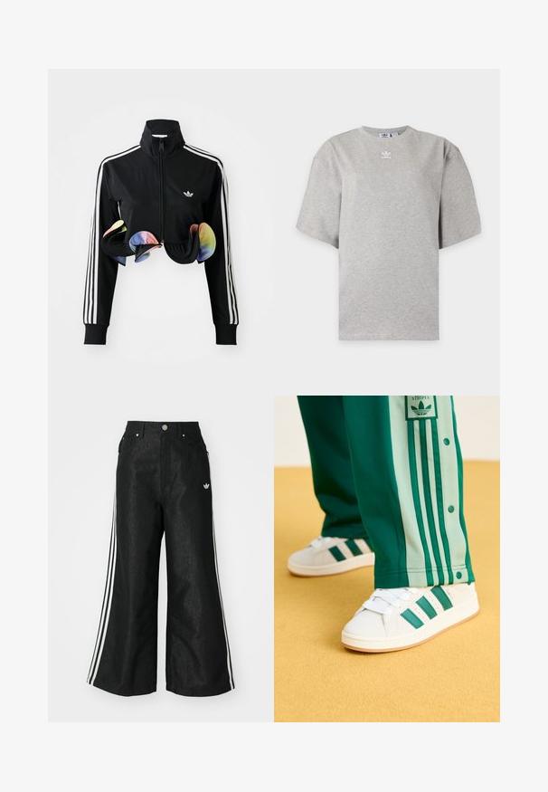 Chaqueta negra con cremallera y cuello alto, franjas laterales blancas y acentos coloridos con volantes en el dobladillo. Fabricada con una tela suave y elástica.; Camiseta Adidas de manga corta color gris claro con cuello redondo y pequeño logo blanco de Adidas en el pecho, mostrada sobre un fondo liso.; Pantalones de denim anchos y negros con tres franjas blancas en cada lado y un pequeño logo blanco. Cuenta con bolsillos frontales y un cierre de botón.; Zapatillas blancas con rayas verdes, suela de goma y parte superior texturizada, combinadas con pantalones de chándal verdes que tienen rayas laterales de un verde más claro y botones a presión.