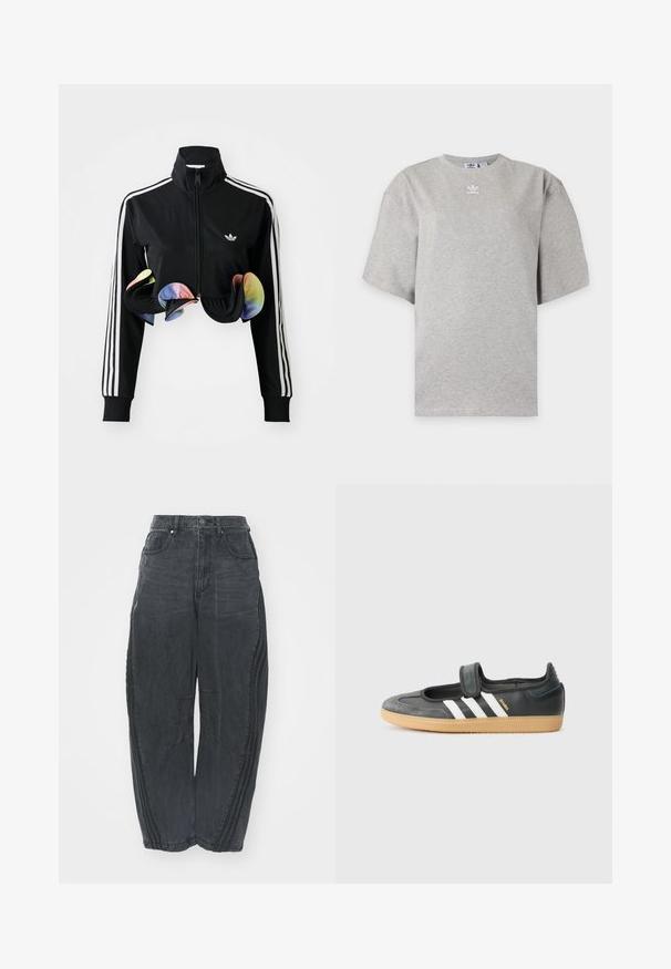 Čierna zipsová bunda s vysokým golierom, bielymi bočnými pruhmi a farebnými volánikmi na leme. Vyrobená z hladkej, elastickej látky.; Svetlosivé tričko Adidas s krátkym rukávom, okrúhlym výstrihom a malým bielym logom Adidas na hrudi, zobrazené na jednoduchom pozadí.; Voľné čierne denimové džínsy so zosušeným povrchom, piatimi vreckami, zapínaním na gombík v páse a prešívaním na prednej strane a po stranách.; Čierne kožené a zamšové tenisky s Velcro pásikom, s tromi bielymi pruhmi a gumenou podrážkou, označené nápisom "SAMBA" na boku.