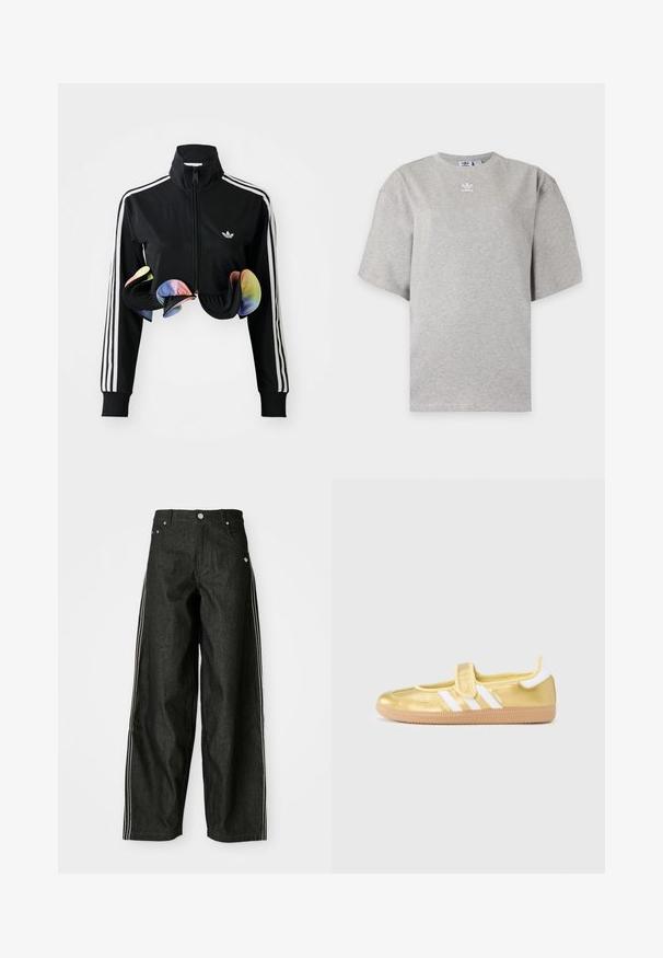Zwarte zip-up jas met hoge kraag, witte zijstrepen en kleurrijke gerimpelde accenten aan de onderrand. Gemaakt van glad, rekbaar materiaal.; Lichtgrijs Adidas T-shirt met korte mouwen, ronde hals en klein wit Adidas-logo op de borst, weergegeven op een effen achtergrond.; Zwarte denim wijde broek met witte zijkanten, voorzien van voorzakken, een knoopsluiting en een subtiele logo nabij de tailleband.; Gouden sneaker met witte strepen en een klittenbandsluiting. Gladde metallic afwerking, ronde neus en een gestructureerde rubberen zool.