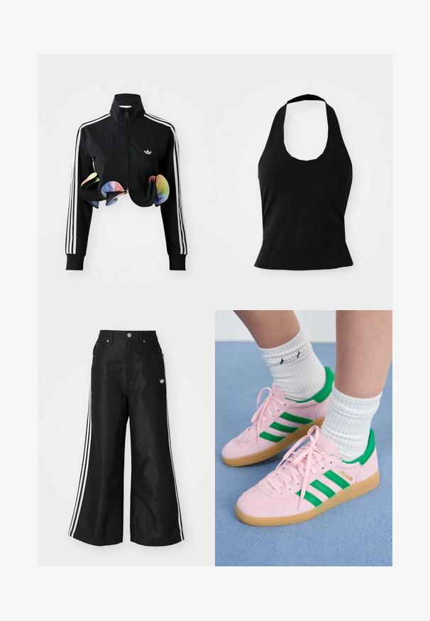 Chaqueta negra con cremallera y cuello alto, franjas laterales blancas y acentos coloridos con volantes en el dobladillo. Fabricada con una tela suave y elástica.; Top negro tipo halter hecho de una tela suave, con un escote redondeado y una silueta ajustada, con una textura lisa y sin patrones visibles.; Pantalones de denim anchos y negros con tres franjas blancas en cada lado y un pequeño logo blanco. Cuenta con bolsillos frontales y un cierre de botón.; Zapatillas de ante rosa con rayas y acentos verdes, que cuentan con una suela de goma. Usadas con calcetines blancos de canalé. La vista en primer plano enfatiza los detalles.