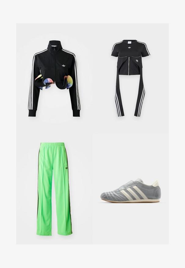 Schwarze Zip-Up-Jacke mit hohem Kragen, weißen Seitenstreifen und bunten Rüschendetails am Saum. Hergestellt aus glattem, dehnbaren Stoff.; Schwarzes Kurzarm-Top mit weißen Adidas-Streifen auf den Ärmeln, Reißverschluss-Detail vorne und verlängerten Stoffbahnen mit drei weißen Streifen, die herunterhängen.; Grüne Sporthose aus glattem, leichtem Material, mit schwarzen Seitestreifen und einem gestickten Logo auf der Vorderseite.; adidas Originals TAEKWONDO W - Sneaker low - silver metallic/off white
