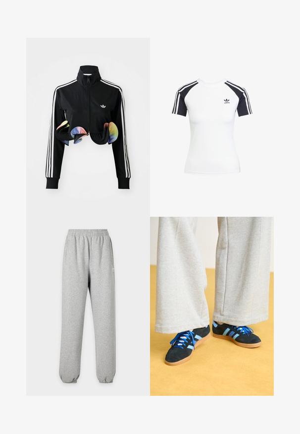 Chaqueta negra con cremallera y cuello alto, franjas laterales blancas y acentos coloridos con volantes en el dobladillo. Fabricada con una tela suave y elástica.; Camiseta blanca de manga corta con mangas raglán negras. Presenta tres franjas negras en los hombros y un pequeño logo negro de Adidas en el pecho.; Pantalones deportivos gris claro con cintura y puños elásticos, bolsillos laterales y un pequeño logo blanco en la parte superior del muslo.; Zapatillas de ante negras y azules con cordones azules y acentos a rayas, combinadas con pantalones de pierna ancha gris claro, sobre un suelo amarillo.
