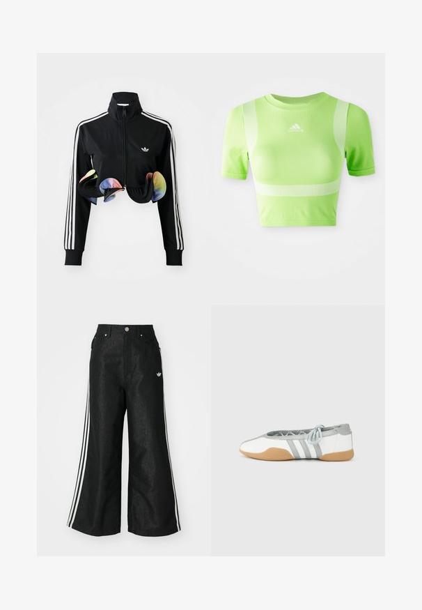 Schwarze Zip-Up-Jacke mit hohem Kragen, weißen Seitenstreifen und bunten Rüschendetails am Saum. Hergestellt aus glattem, dehnbaren Stoff.; Kurzes sportliches Shirt aus leuchtend grünem Stoff. Mit kurzen Ärmeln, Rundhalsausschnitt und weißem diagonalen Streifenmuster auf den Schultern. adidas-Logo auf der Vorderseite.; Schwarze, weit geschnittene Jeans mit drei weißen Streifen an jeder Seite und einem kleinen weißen Logo. Mit vorderen Taschen und einem Knopfverschluss.; Weiße und graue Ballerinas mit abgerundeter Spitze und elastischer Schnürung, mit drei grauen Streifen und einer beigen Gummisohle.