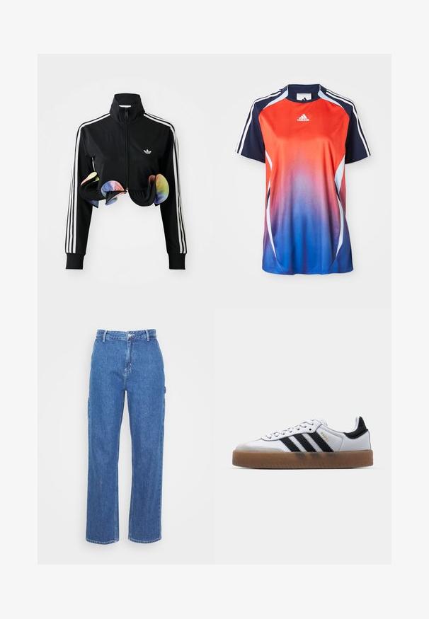 Sort zip-up jakke med høj krave, hvide sidelister og farverige volanger ved kanten. Lavet af glat, strækbart stof.; Adidas kortærmet sports T-shirt med en gradient fra rød til blå, med marineblå akcenter og hvide striber langs skuldrene.; Blå denim bukser med høj talje og lige ben, der har en frontknaplukning og sidelommer. Glat tekstur uden synlige mønstre.; Hvide lædersneakers med sorte striber, gummirubber sål, rund tå, snørelukning og blød grå ruskinds tåhætte.