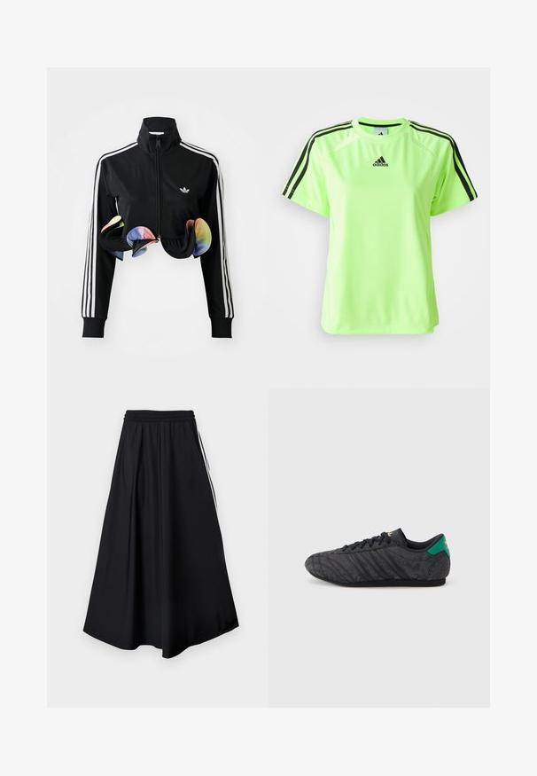 Black zip-up jacket with high collar, white side stripes, and colorful ruffled accents at the hem. Made from smooth, stretchy fabric.; Neon green athletic t-shirt made of moisture-wicking fabric. Features black three-stripe design on shoulders and logo centered on chest.; Black wide-leg pants with elastic waistband and white side stripes, displayed against a plain white background.; Black low-profile sneaker with subtle floral pattern, black laces, green heel tab, and gold logo on tongue and heel.