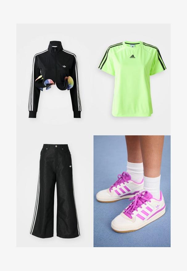 Chaqueta negra con cremallera y cuello alto, franjas laterales blancas y acentos coloridos con volantes en el dobladillo. Fabricada con una tela suave y elástica.; Camiseta deportiva de color verde neón, fabricada con tejido que absorbe la humedad. Presenta un diseño de tres rayas negras en los hombros y un logo centrado en el pecho.; Pantalones de denim anchos y negros con tres franjas blancas en cada lado y un pequeño logo blanco. Cuenta con bolsillos frontales y un cierre de botón.; Zapatillas blancas con acentos y cordones rosas, presentan tres franjas horizontales rosas y una suela de goma. Se pueden ver calcetines de algodón por encima del tobillo.