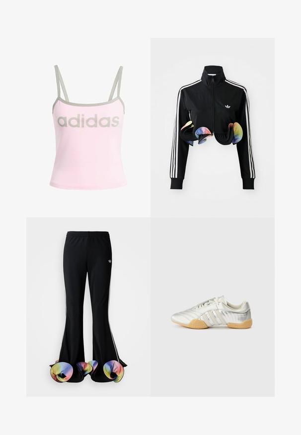 Zwarte zip-up jas met hoge kraag, witte zijstrepen en kleurrijke gerimpelde accenten aan de onderrand. Gemaakt van glad, rekbaar materiaal.; Lichtroze tanktop met grijze details en verstelbare spaghettibandjes, met een groot, gecentreerd grijs "adidas" logo. Katoenen materiaal.; Zwarte sportbroek met een brede, uitlopende snit. Voorzien van kleurrijke, gerimpelde onderranden en witte zijstrepen. Gemaakt van rekbaar materiaal.; Zilveren sportschoen met een glad leren bovenwerk, rubberen zool en gestructureerde accenten. Heeft een gebogen ontwerp en tonale veters.