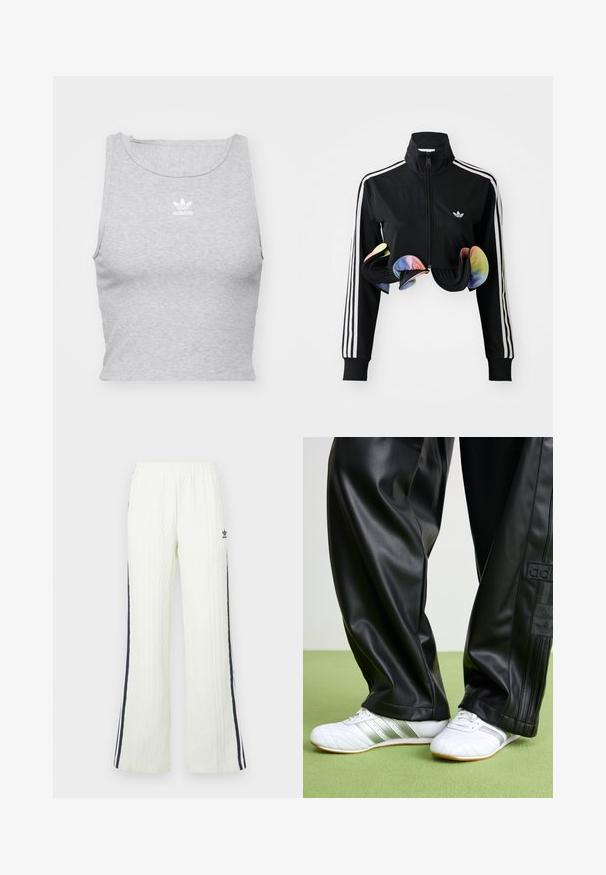 Schwarze Zip-Up-Jacke mit hohem Kragen, weißen Seitenstreifen und bunten Rüschendetails am Saum. Hergestellt aus glattem, dehnbaren Stoff.; Graues, ärmelloses Crop-Top aus weichem Stoff, mit Rundhalsausschnitt und kleinem weißen Adidas-Logo auf der Brust.; Helle cremefarbene Strickhose mit Zopfmuster und ausgestelltem Schnitt. Verfügt über dunkelblaue Seitenstreifen und ein Adidas-Logo an der Hüfte. Elastischer Bund.; Schwarze Kunstlederhosen mit einer lockeren Passform, die eine glatte Textur und seitliche Streifen aufweisen. Kombiniert mit weißen Sneakers mit silbernen Akzenten.