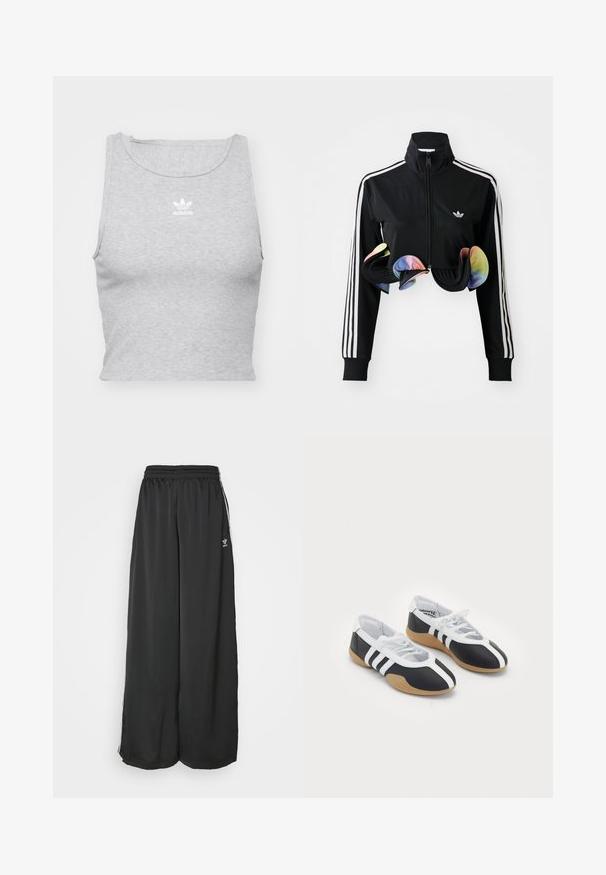 Schwarze Zip-Up-Jacke mit hohem Kragen, weißen Seitenstreifen und bunten Rüschendetails am Saum. Hergestellt aus glattem, dehnbaren Stoff.; Graues, ärmelloses Crop-Top aus weichem Stoff, mit Rundhalsausschnitt und kleinem weißen Adidas-Logo auf der Brust.; Schwarze, locker sitzende Jogginghosen aus glattem Material. Mit elastischem Bund und seitlichen Streifen mit Logo-Akzenten.; Schwarz-weiße Sportschuhe mit einem eleganten Design, Gummisohle, Schnürverschluss und drei weißen Streifen an den Seiten.