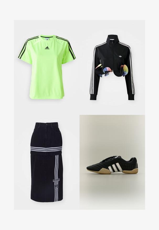 Chaqueta negra con cremallera y cuello alto, franjas laterales blancas y acentos coloridos con volantes en el dobladillo. Fabricada con una tela suave y elástica.; Camiseta deportiva de color verde neón, fabricada con tejido que absorbe la humedad. Presenta un diseño de tres rayas negras en los hombros y un logo centrado en el pecho.; Falda de mezclilla negra con cintura alta, que presenta dos rayas horizontales blancas, una etiqueta con el logo de Adidas en el lateral y un diseño de corte recto.; Zapato deportivo negro con rayas blancas y suela texturizada beige sobre un fondo neutro, mostrado de perfil.