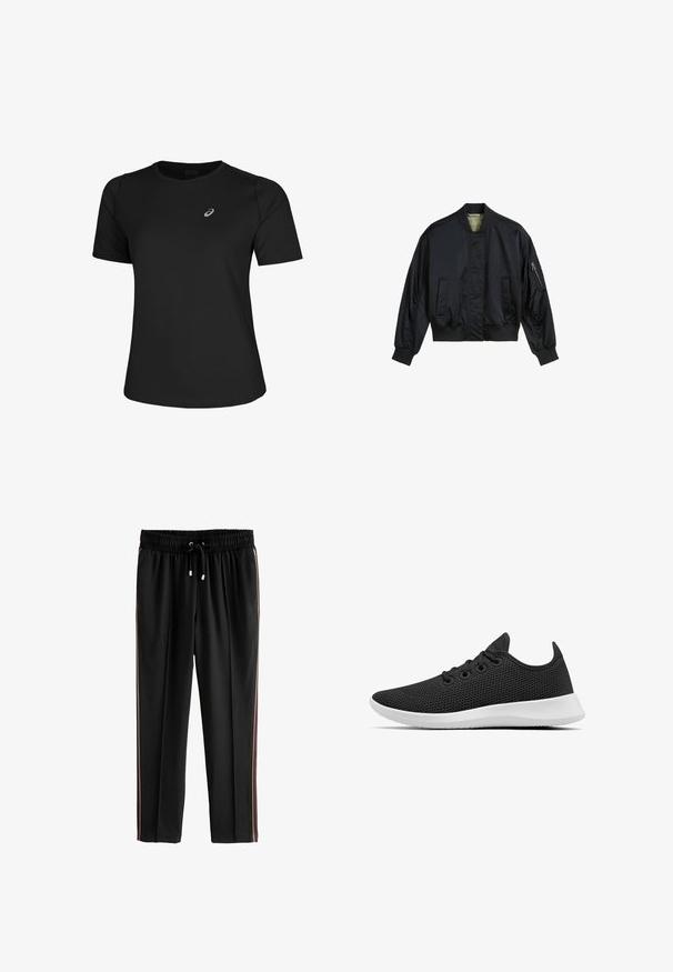 Schwarze Bomberjacke aus glattem Nylon. Verfügt über einen hohen Kragen, gerippte Bündchen und Saum, zwei Fronttaschen und eine mit Reißverschluss verschließbare Ärmelreißverschlusstasche.; Schwarzes Sport-T-Shirt aus glattem Material, mit Rundhalsausschnitt und kurzen Ärmeln. Es verfügt über ein reflektierendes Logo auf der linken Vorderseite.; Next PETITE - Jogginghose - black; Allbirds TREE RUNNERS - Sneaker low - jet black