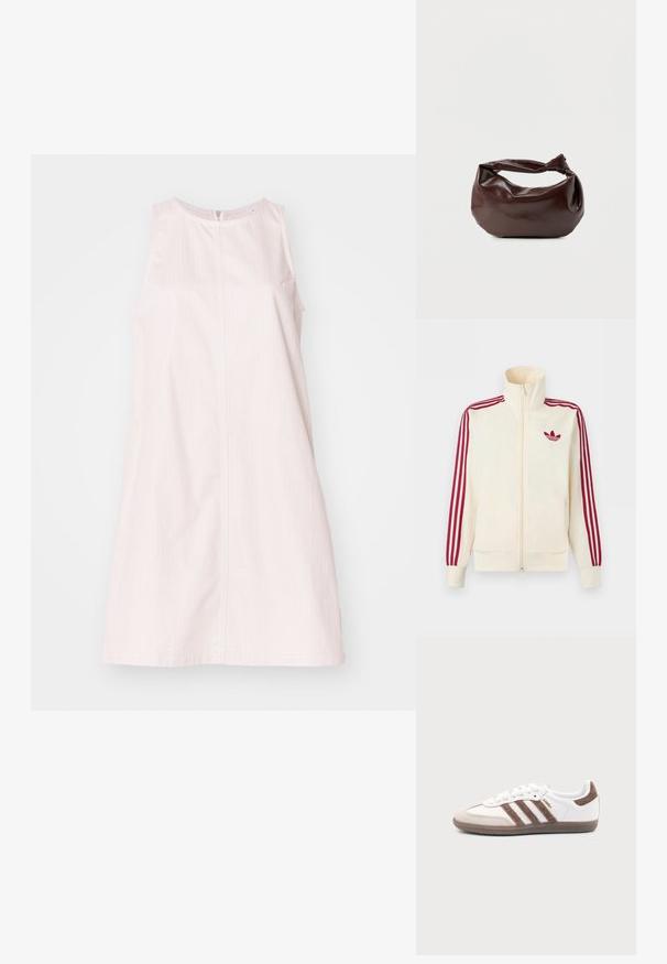 Chaqueta deportiva crema con cremallera y detalle de tres rayas rojas en las mangas, junto con el logo trefoil de Adidas en rojo en el pecho.; Vestido sin mangas de un suave color rosa claro con un diseño sencillo. Presenta un cierre de cremallera en la parte posterior, bolsillos laterales y sutiles rayas verticales para dar textura.; Zapatilla blanca Adidas Samba con franjas de ante marrón, suela de goma marrón y puntera de ante beige, vista desde el lado exterior sobre un fondo liso.; Bolso de hombro de cuero marrón oscuro con una forma suave y caída, y un asa con nudo torcido sobre un fondo blanco liso.