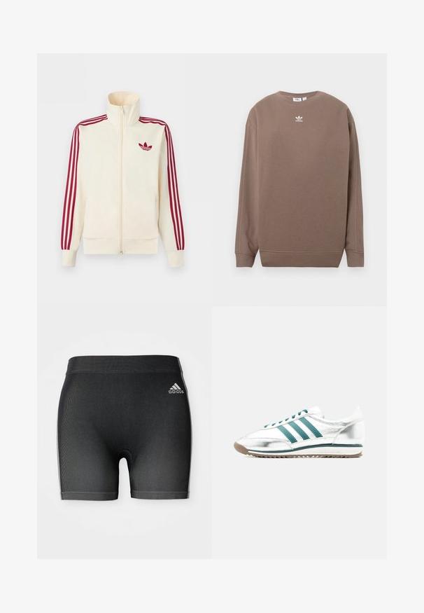 Chaqueta deportiva crema con cremallera y detalle de tres rayas rojas en las mangas, junto con el logo trefoil de Adidas en rojo en el pecho.; Sudadera marrón hecha de tela suave, con cuello redondo, mangas largas y un logo blanco de Adidas en el pecho. Diseño sencillo, sin patrones.; Bermudas deportivas negras con una tela texturizada, con una cinturilla elástica y un pequeño logotipo blanco de Adidas en la parte superior izquierda.; Zapatilla deportiva baja blanca y plateada con rayas verdes, cordones verdes, suela blanca y suela exterior de goma, mostrada de lado sobre un fondo liso.