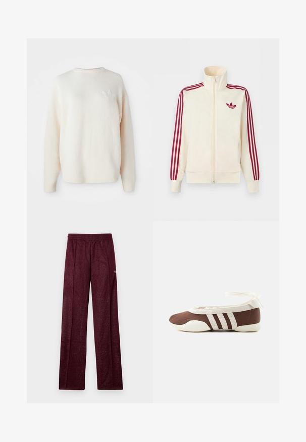 Veste de survêtement à fermeture éclair crème avec détail de trois rayures rouges sur les manches et logo trèfle Adidas rouge sur la poitrine.; Pull en polaire blanc, oversize, avec des poignets et un ourlet côtelés. Présente un petit logo ton sur ton sur la poitrine gauche. Texture douce et coupe décontractée.; Pantalons de sport bordeaux en tissu texturé, dotés d'une taille élastique et de coutures latérales pour un design à jambe droite.; Chaussure plate de ballet marron et blanche avec trois bandes blanches et un nœud à nouer à la cheville sur un fond clair uni.