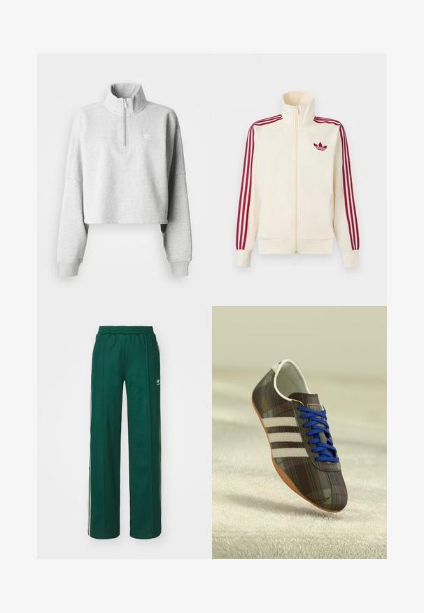 Chaqueta deportiva crema con cremallera y detalle de tres rayas rojas en las mangas, junto con el logo trefoil de Adidas en rojo en el pecho.; Sudadera recortada de color gris claro con cuello alto y media cremallera. Presenta mangas sueltas y un pequeño logo blanco en el pecho. Material de mezcla de algodón.; Pantalones deportivos de color verde oscuro con un corte relajado, que cuentan con una cintura con cordón, bolsillos laterales y franjas color crema a lo largo de los costados.; Zapatillas deportivas de cuadros marrones con cordones azules, tres franjas blancas y una superficie lisa, con una suela de goma marrón clara.