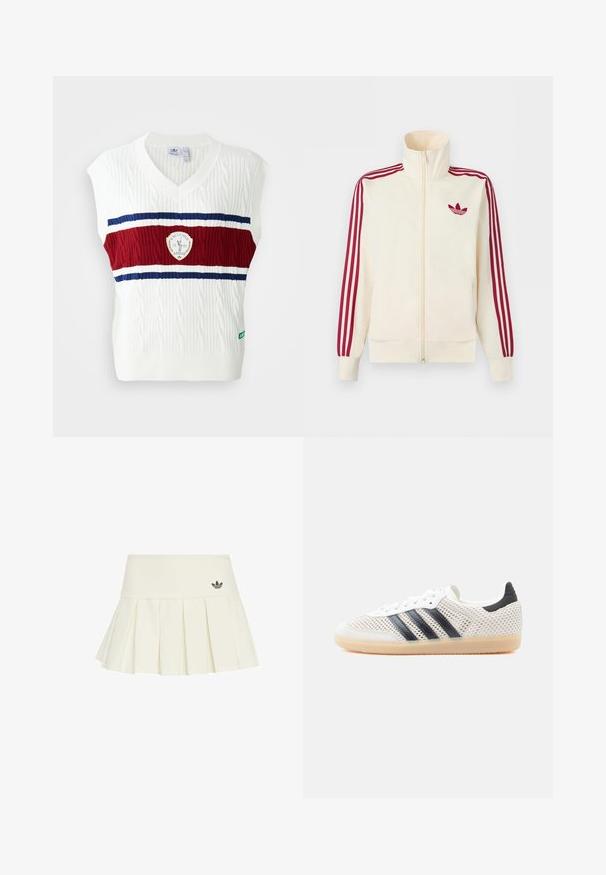 Chaqueta deportiva crema con cremallera y detalle de tres rayas rojas en las mangas, junto con el logo trefoil de Adidas en rojo en el pecho.; Chaleco sin mangas blanco con textura de punto trenzado, que presenta una banda a rayas roja y azul y un logotipo circular. Cuello y dobladillo acanalados.; adidas Originals Minifalda - off white; Zapatillas deportivas de malla blanca con diseño de tres franjas negras, punta redondeada y suela de goma color café. Cuentan con un cuello de talón suave y cierre de cordones.