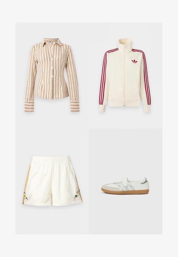 Veste de survêtement à fermeture éclair crème avec détail de trois rayures rouges sur les manches et logo trèfle Adidas rouge sur la poitrine.; Chemise cintrée à manches longues, boutonnée, avec motif zigzag beige et marron clair et col pointu.; Shorts de sport couleur crème avec des rayures latérales dorées et de petites fleurs brodées vertes, jaunes et blanches près de l'ourlet des deux côtés.; Baskets blanches avec rayures argentées, embout en daim et bande velcro. Semelle en caoutchouc gomme texturée. Design minimaliste avec une finition lisse.