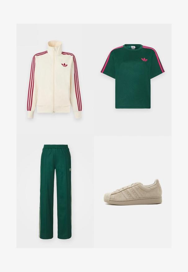 Krémová bežecká bunda na zips s červenými tromi pruhmi na rukávoch a červeným logom Adidas trefoil na hrudi.; Zelené tričko s krátkym rukávom s jasnoružovými pruhmi na ramenách a logom Adidas trefoil na hrudi.; Tmavohnedé športové nohavice s voľným strihom, s nastaviteľným pásom na šnúrku, postrannými vreckami a smotanovými pruhmi po stranách.; Béžová semišová nízka teniska s gumovou špičkou, šnurovacím zapínaním a tromi bočnými pruhmi na plochej podrážke.