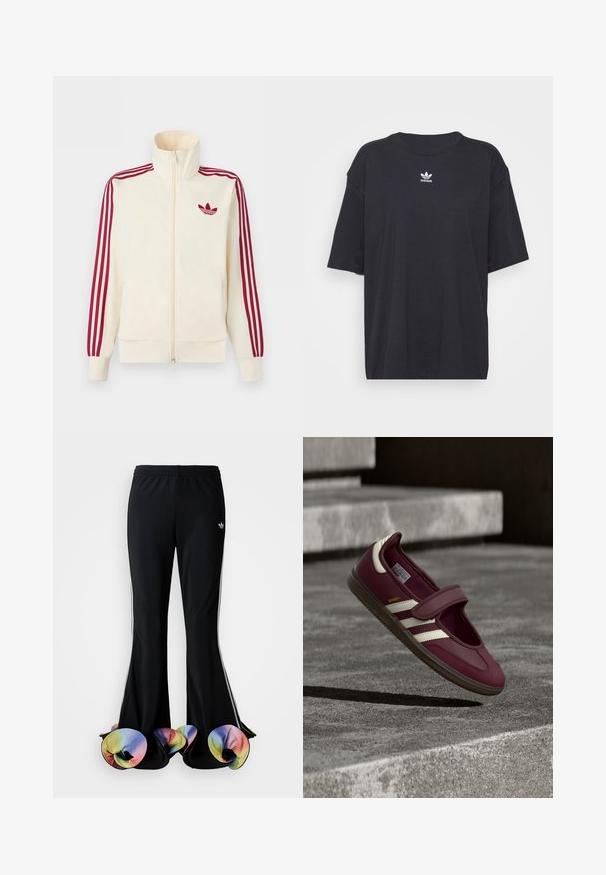 Chaqueta deportiva crema con cremallera y detalle de tres rayas rojas en las mangas, junto con el logo trefoil de Adidas en rojo en el pecho.; Camiseta de algodón negra con mangas cortas, cuello redondo, presenta un logo blanco de Adidas en el pecho. Diseño simple, ajuste relajado.; Pantalones deportivos negros con un diseño acampanado amplio. Cuenta con bajos coloridos y ondulados, y franjas blancas a los lados. Elaborados en tejido elástico.; Zapatilla deportiva marrón con una correa, franjas laterales blancas, suela de goma texturizada y material superior liso. Ajuste ajustable con interior acolchado.
