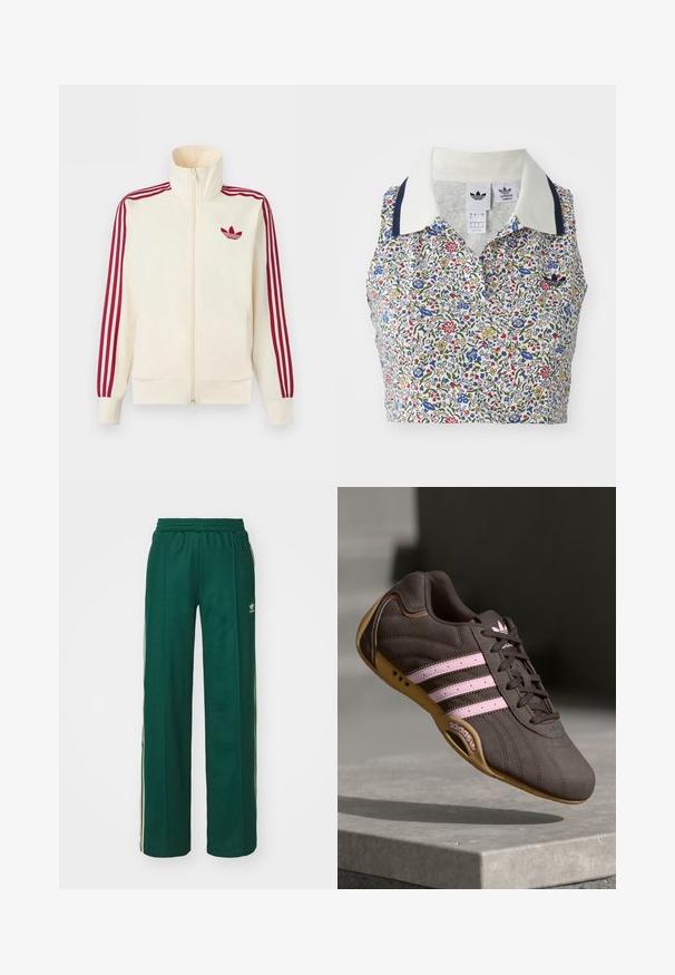 Roomkleurig trainingsjack met ritssluiting, rode drie-strepen op de mouwen en een rood Adidas trefoil-logo op de borst.; Bloemige crop top met een witte basis en blauwe, rode en gele bloemen. Inclusief een witte kraag met marineblauwe accenten en een geborduurd logo.; Donkergroene sportbroek met een relaxte pasvorm, voorzien van een trekkoord in de taille, zijzakken en crèmekleurige strepen aan de zijkanten.; Bruine suède sport schoen met roze strepen en logo, voorzien van een gestructureerde bovenkant, vetersluiting en een gumrubberen zool.