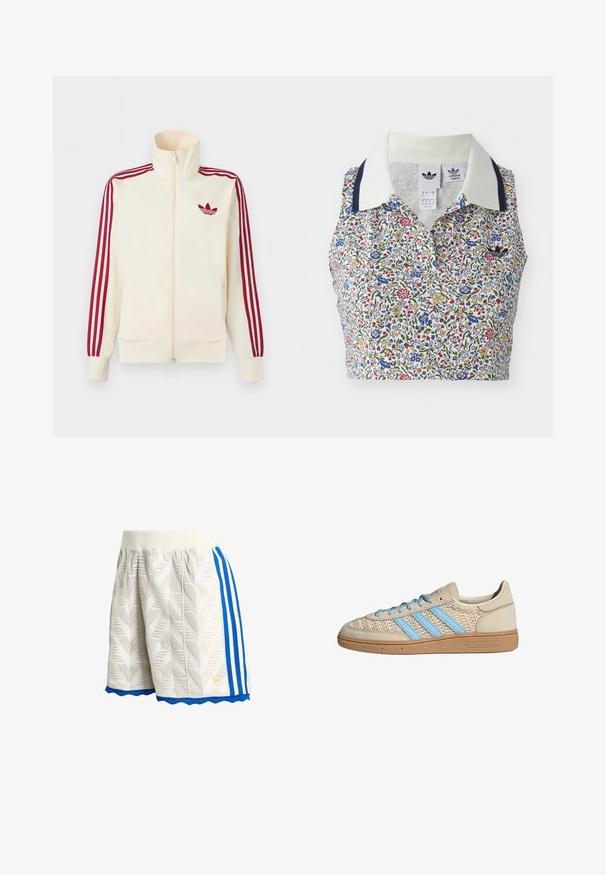 Chaqueta deportiva crema con cremallera y detalle de tres rayas rojas en las mangas, junto con el logo trefoil de Adidas en rojo en el pecho.; Top de cultivo floral con base blanca decorada con flores azules, rojas y amarillas. Incluye un cuello blanco con acentos en azul marino y un logo bordado.; Pantalones cortos blancos texturizados con franjas laterales azules, cintura acanalada, dobladillo azul ondulado y pequeño logo dorado en el lateral inferior.; Zapatilla beige con parte superior de punto texturizado, rayas azul claro y suela de goma marrón. Presenta cordones redondos y detalle de logo en el lateral.