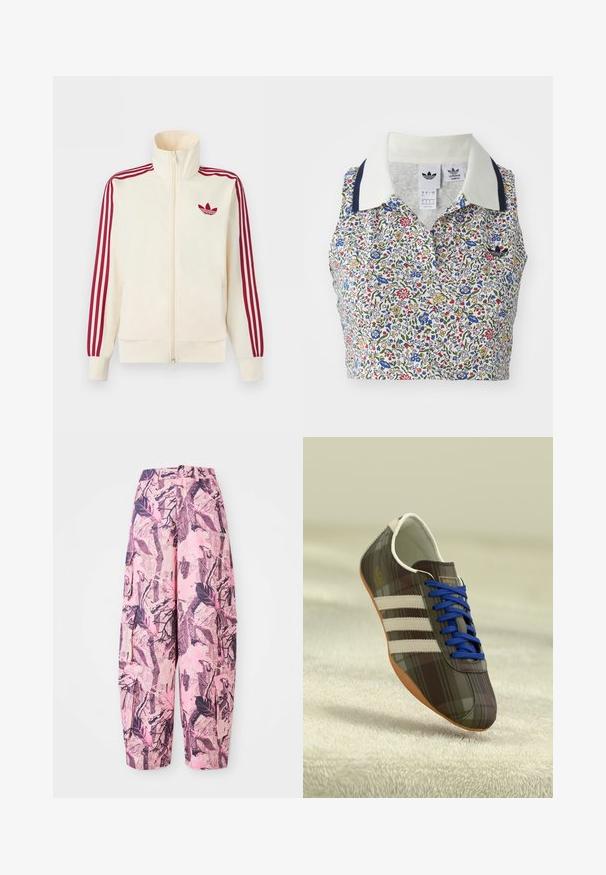 Krémová bežecká bunda na zips s červenými tromi pruhmi na rukávoch a červeným logom Adidas trefoil na hrudi.; Kvetinový crop top s bielym základom, na ktorom sú modré, červené a žlté kvety. Obsahuje biely golier s námorníckymi akcentmi a vyšívané logo.; Ružové a fialové široké nohavice s vzorom obsahujúce dizajn listov a vetvičiek, s vysokým pásom a bočnými vreckami pre väčšiu funkčnosť.; Hnedé kárované športové topánky s modrými šnúrkami, tromi bielymi pruhmi a hladkým povrchom, s svetlohnedou gumovou podrážkou.