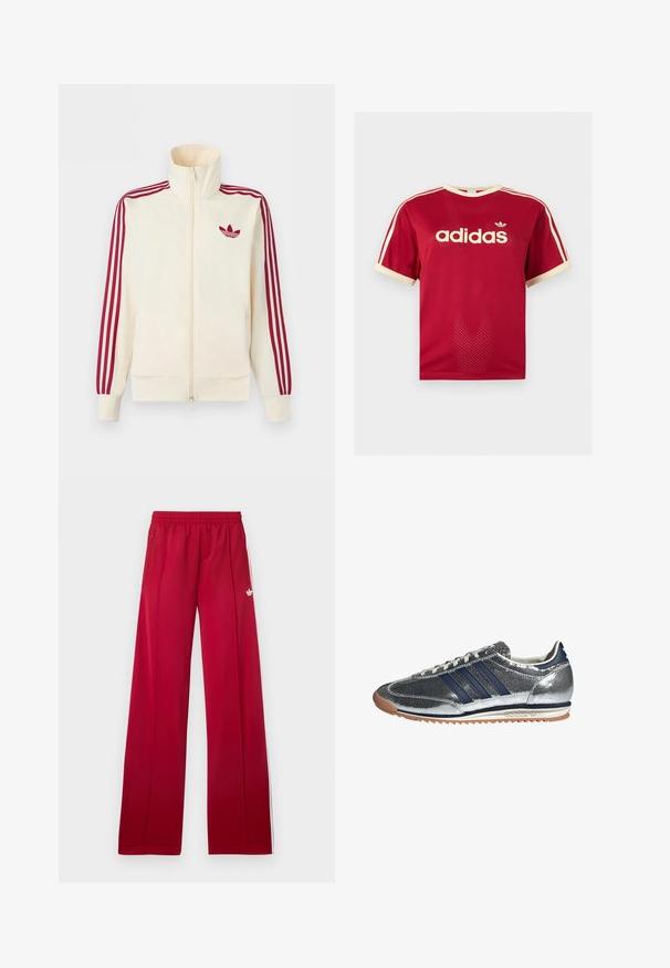 Kreemikas tõmblukuga spordijakk, millel on punased kolmerealised triibud varrukatel ja punane Adidas trefoil logo rinnal.; Punane Adidas võrgust meeste särk beeži äärega krae, varrukate ja kolmekordsete triipude juures õlgadel, esiküljel Adidas logo ja tekstiga.; Punased laia lõikega jooksupüksid elastse vööga, külgedel lukuga taskud, valged triibud külgedel ja väike valge logo vasakul reiel.; Hõbedased sünteetilised tenninga navy triibudega, ümmargune varvas, valge vooder ja kummikreen. Omab tekstuuri pealmist osa ja nööriga sulgemist.