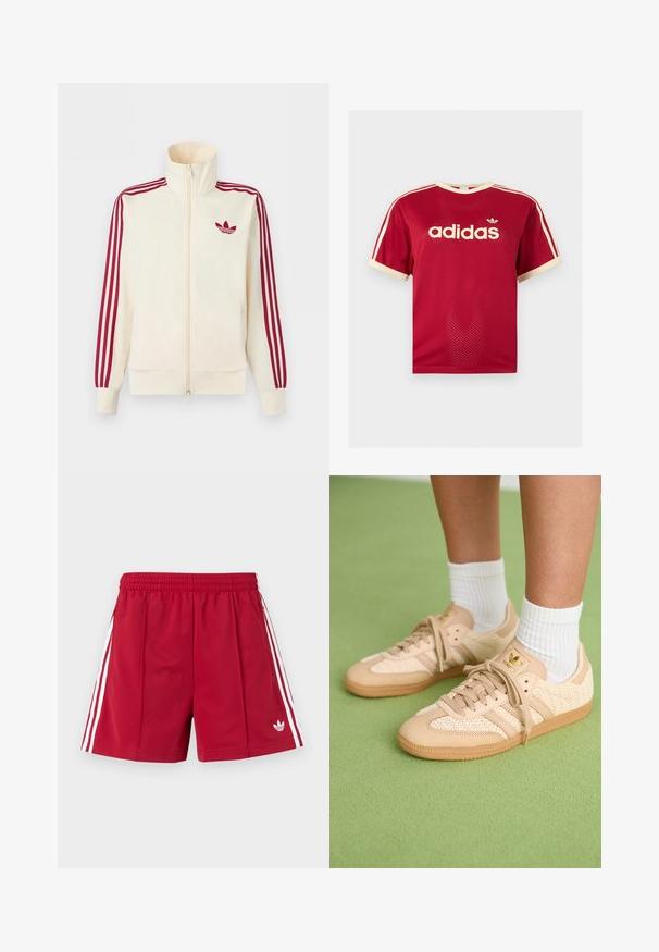 Krémová bežecká bunda na zips s červenými tromi pruhmi na rukávoch a červeným logom Adidas trefoil na hrudi.; Červené sieťované tričko Adidas s béžovým lemovaním na golieri, rukávoch a troch pruhmi na pleciach, s logom Adidas a textom na prednej strane.; Červené atletické šortky s elastickým pásom, bielymi bočnými pruhmi, vreckami so zipsom a malým bielym logom Adidas na prednej ľavej nohe.; Nohy v béžových tkaných teniskách Adidas s gumovými podrážkami a bielymi členkovými ponožkami na zeleno textúrovanom podlahe.