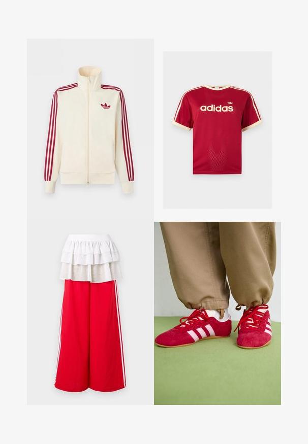 Krémová bežecká bunda na zips s červenými tromi pruhmi na rukávoch a červeným logom Adidas trefoil na hrudi.; Červené sieťované tričko Adidas s béžovým lemovaním na golieri, rukávoch a troch pruhmi na pleciach, s logom Adidas a textom na prednej strane.; Červené nohavice s širokými nohavicami a bielymi pruhmi na bokoch, doplnené viacvrstvovým bielym volánovým prekrytím. Pružný pás pre pohodlie. Mäkká textúra látky.; Červené semišové športové topánky s bielymi pruhmi, plochou gumovou podrážkou a červenými šnúrkami. Nosia sa s béžovými nohavicami, umiestnené na zelenej ploche.