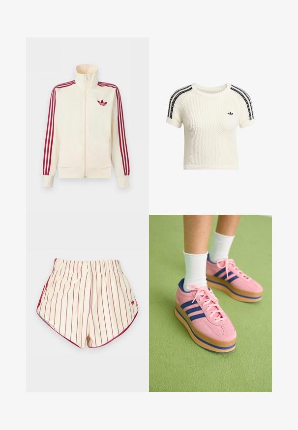 Kremfarvet lynlås-træningsjakke med rødt tre-stribe-detalje på ærmerne og rødt Adidas trefoil-logo på brystet.; Kremfarvet strikket crop top med tekstureret stof, korte ærmer og sorte stribede detaljer på skuldrene. Har en lille sort logo.; Kremshorts med lodrette røde striber, elastisk taljebånd, to knapper foran og røde kanter langs buede kanter.; Lyserøde ruskinds platform sneakers med blå striber og lyserøde snørebånd. Tyk tan sål med blå accent. Båret med hvide ankelstrømper på en grøn overflade.